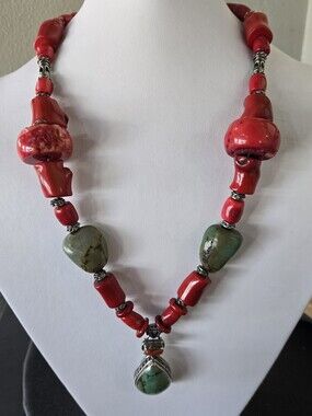Handmade Red Coral & Turquoise Pendant Necklace